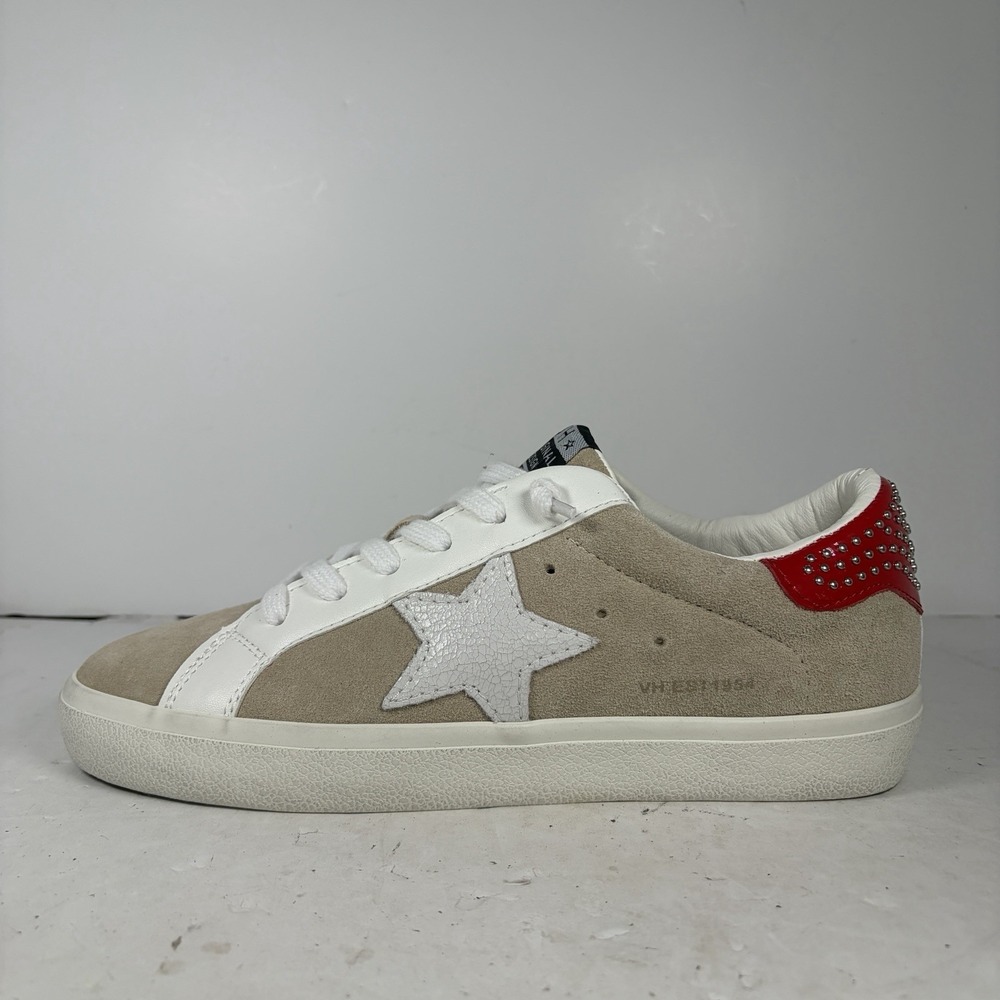 Size 8.5 Vintage Havana Suede‎ Light Taupe & Studded Red Sneakers